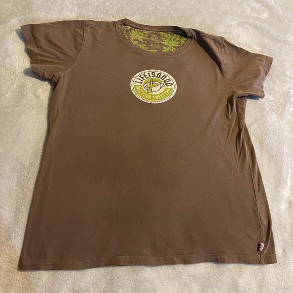 Life is Good Women's T Shirt Large Brown Coffee Tea Sweet Time Graphic Tee - Picture 1 of 9